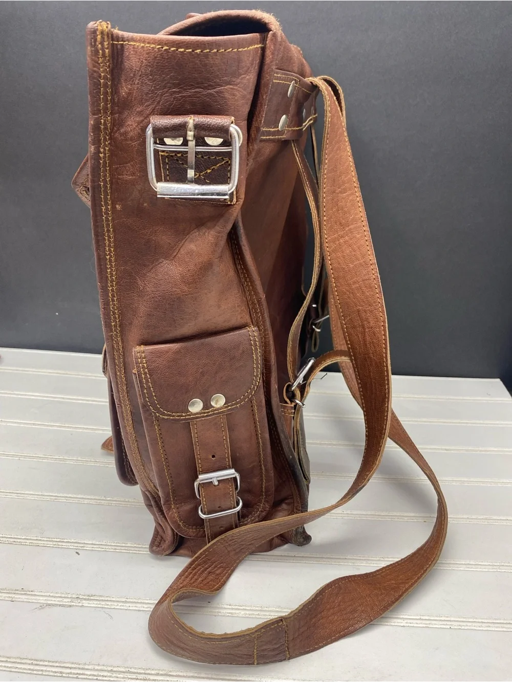 MaheTri Historic Brown Leather Backpack Messenger Bag